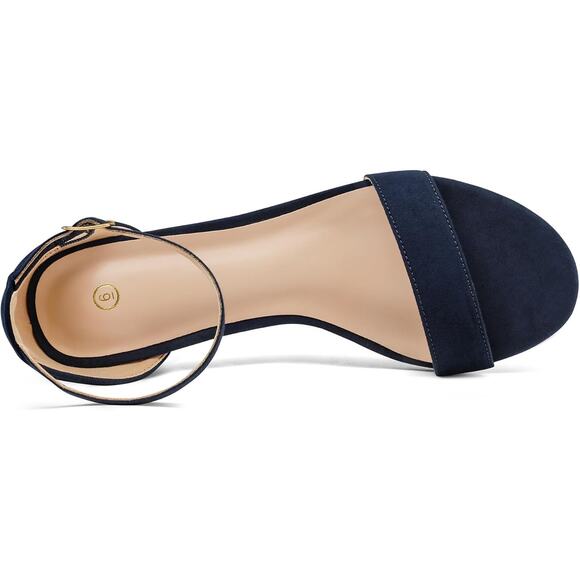 Mysoft Womens 9 Navy Blue 2.25" Chunky Heel Open Round Toe Ankle Strap Shoes - Picture 5 of 7